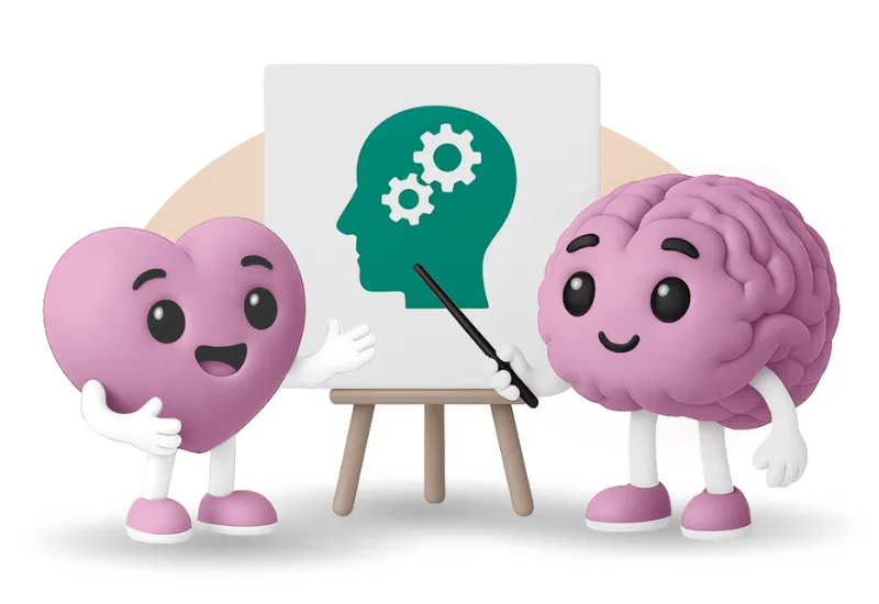 Cursos para psicólogos - cerebrito con gafas saliendo de otro cerebrito, simbolizando mentoría y formación.