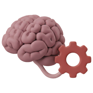 Ícono 3D de cerebro y engranaje que representa cambios emocionales y conductuales en niños.