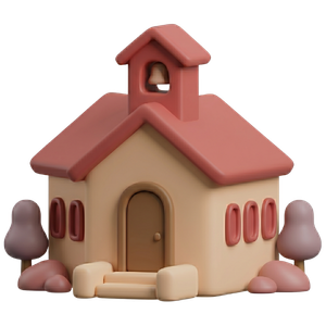 Ícono 3D de escuela que representa dificultades escolares en niños y adolescentes.